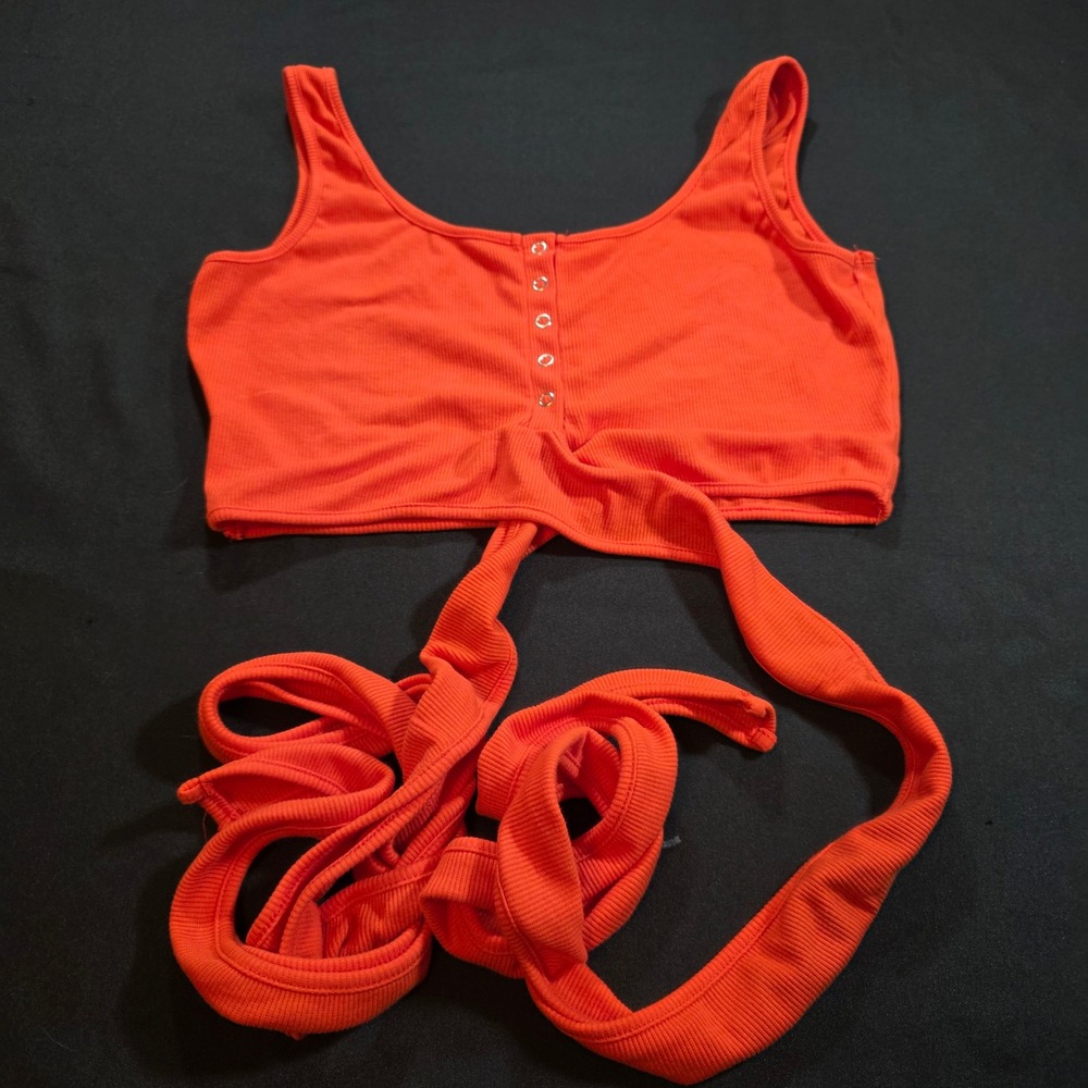 Orange Ribbed Knit Wrap Around Tie Front Crop Top Sleeveless XL